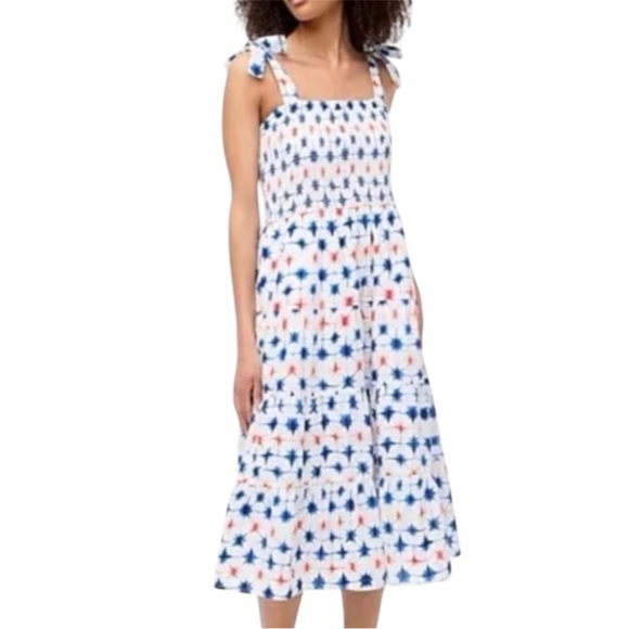 J. Crew Smocked Bow Tie Sleeve Festive Midi Dress - Picture 2 of 7